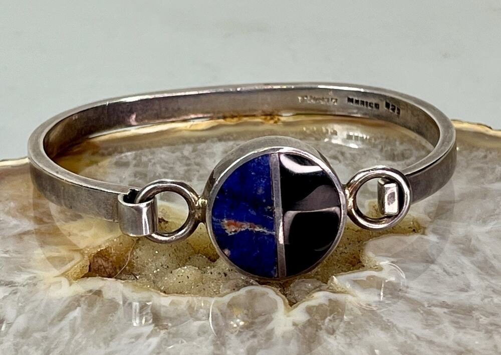 Vintage Taxco 925 Sterling Silver Lapis Onyx Hinged Cuff Bracelet 33.5g Signed